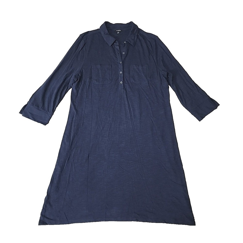 Talbots Shirt Dress Navy Blue Knit 3/4 Sleeve Collar Pockets‎ Cotton Modal XL